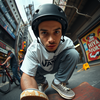 Yourself in fish-eye lens from a lower perspective of a sporty skateboarder icon