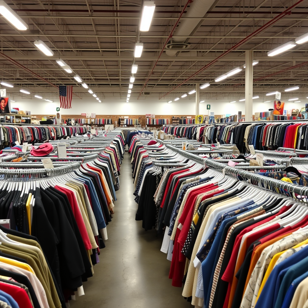 A vast thrift store interior filled with rows of clothing racks website