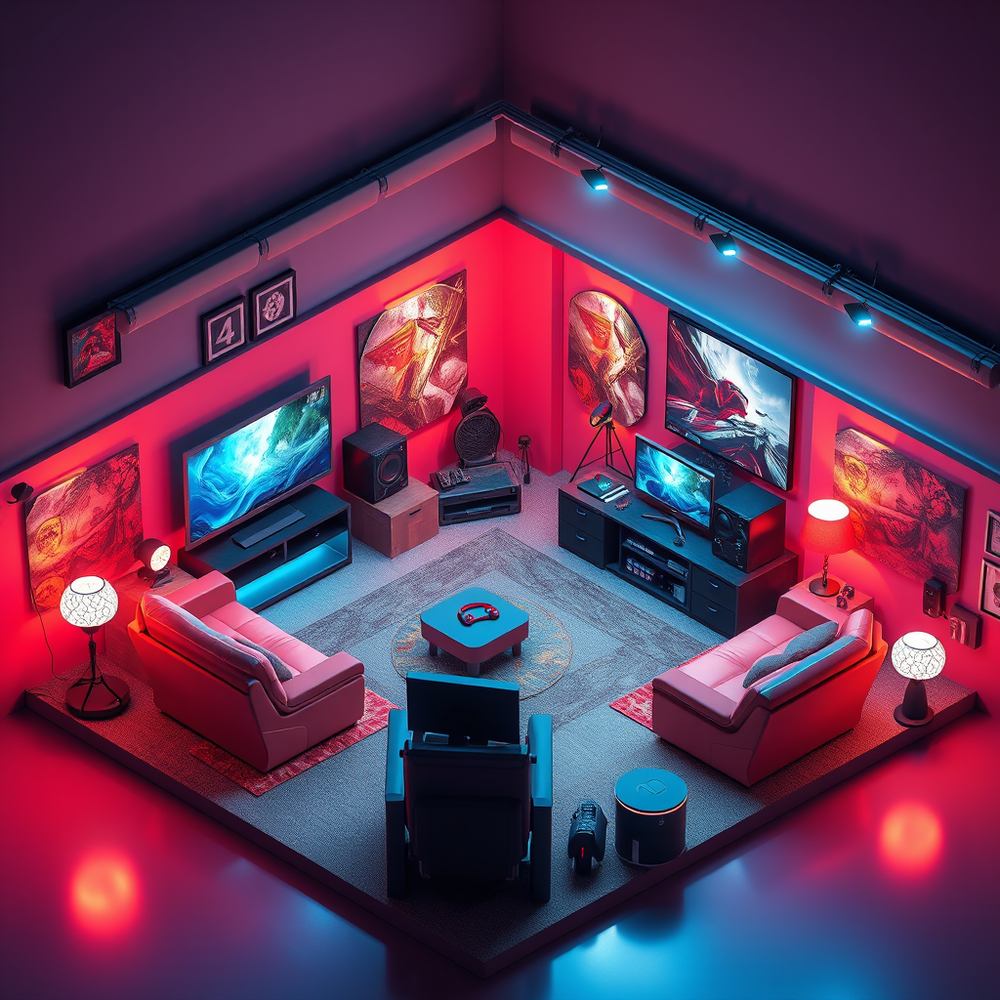 Isometric, Gaming Room, 3d rendered, 10k website