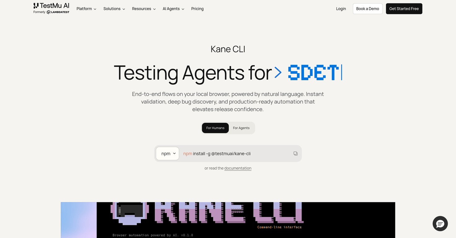 Kane CLI By TestMu AI website
