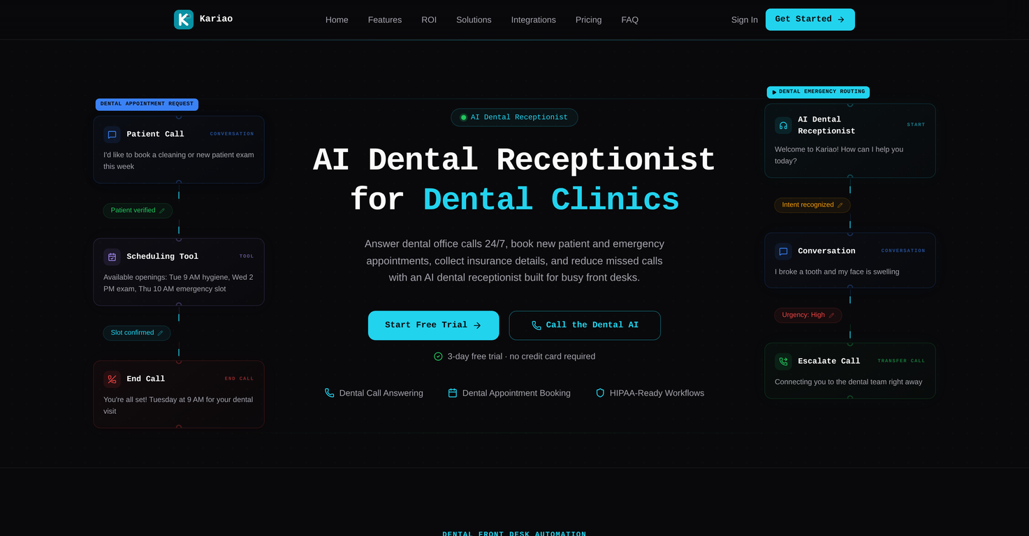 Kariao - AI Dental Receptionist for Dental Offices website