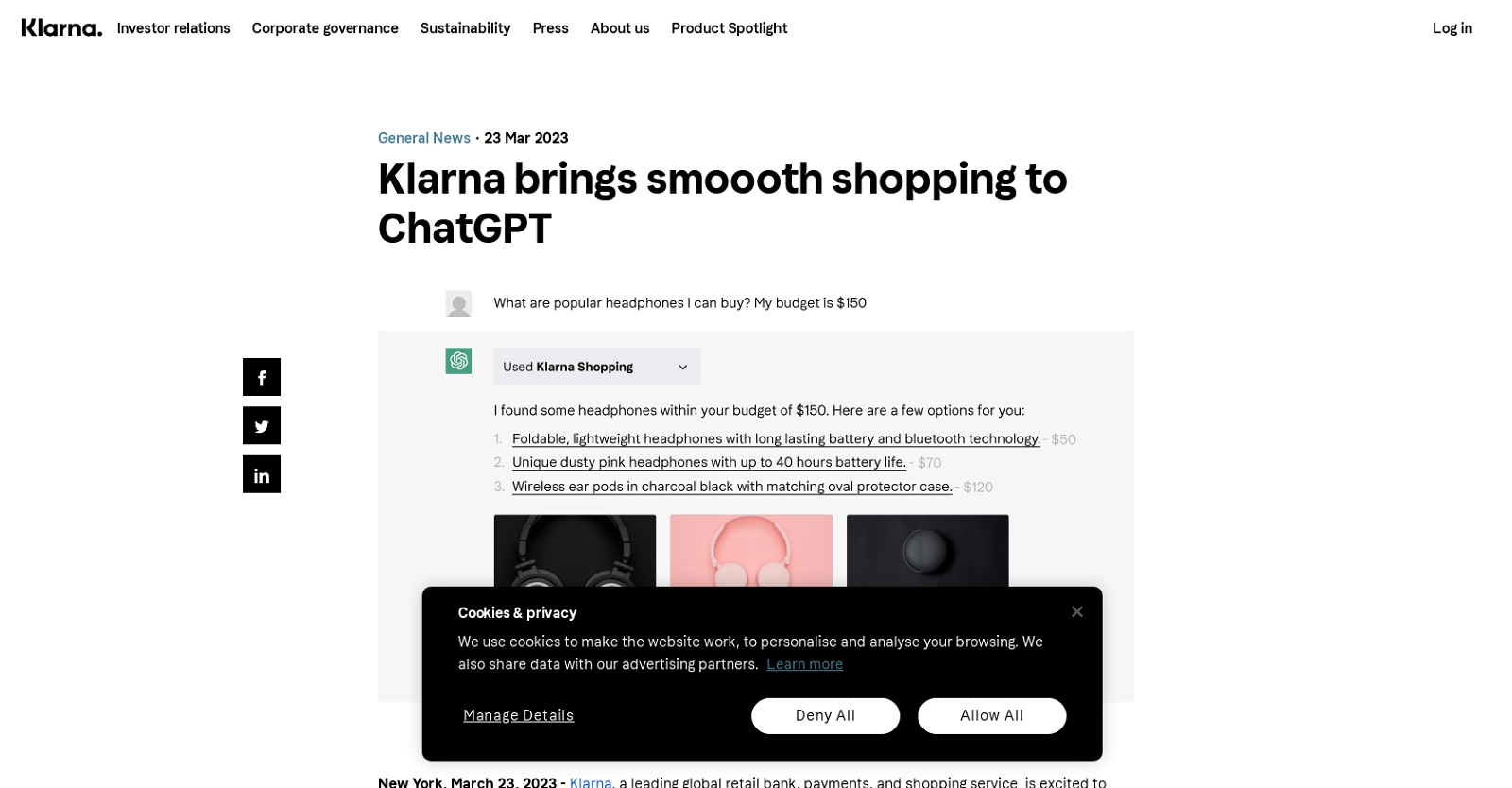 Klarna ChatGPT plugin website