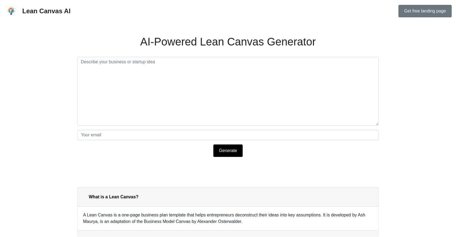 Lean Canvas AI website