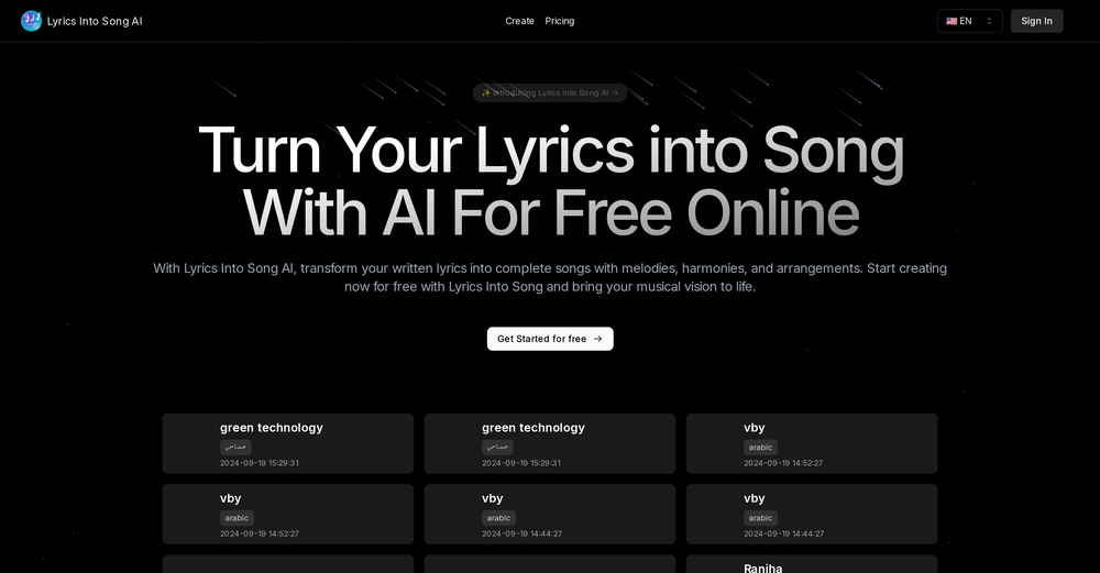 Lyrics Into Song AI website