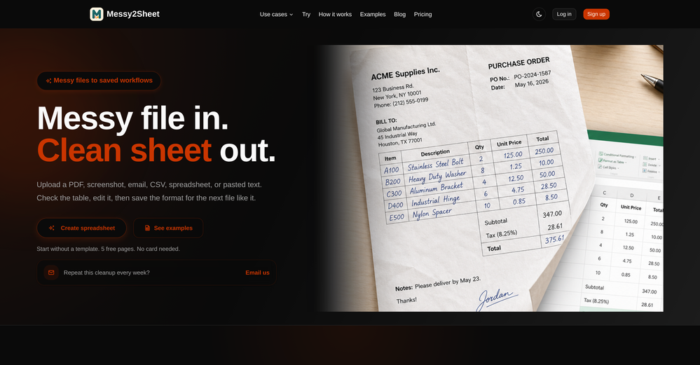Messy2Sheet website