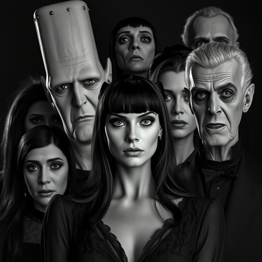 Modern Cinematic Munsters Portrait – 8K B&W Scene website