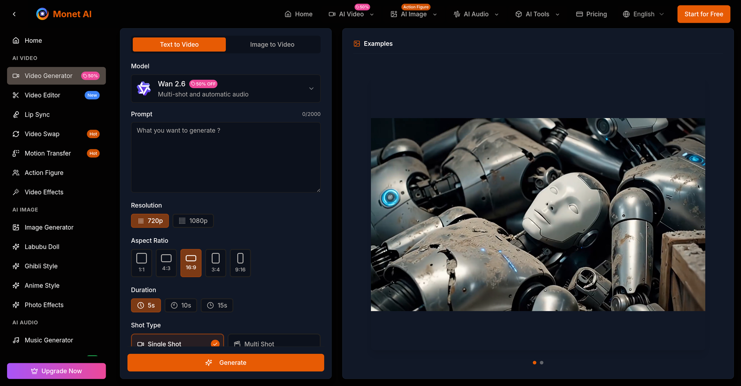Monet AI Video Generator website