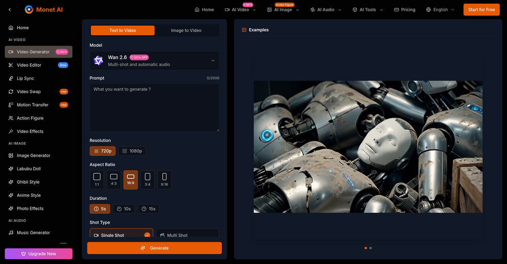 Monet AI Video Generator website