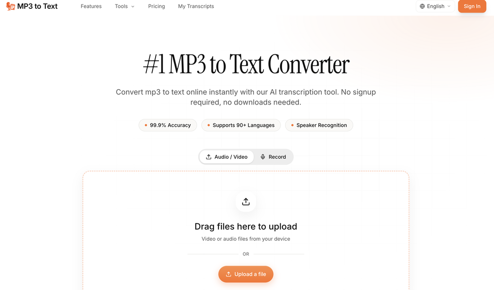 MP3 to Text.org website