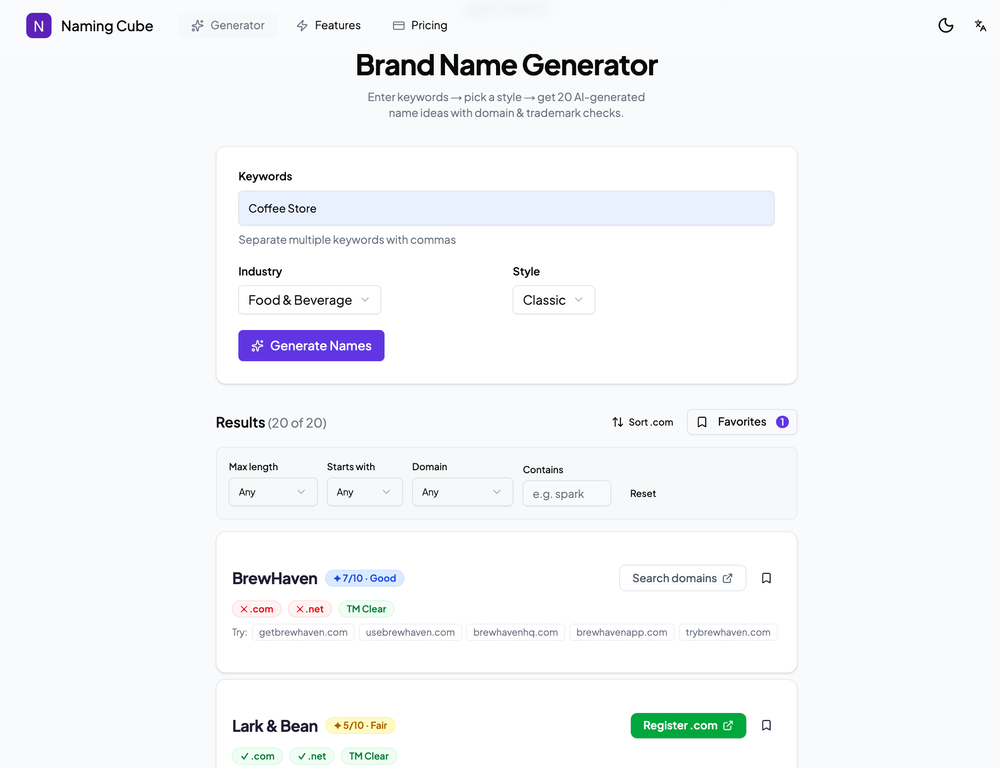 Naming Cube website