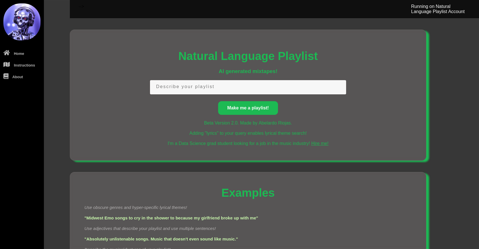 Natural Language Playlist website