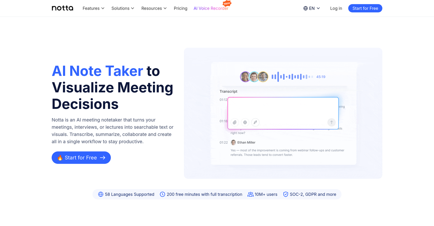 Notta Note Taker website