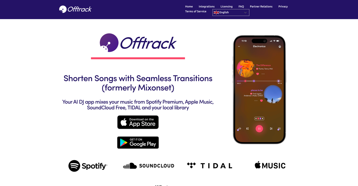 Offtrack - AI DJ App website
