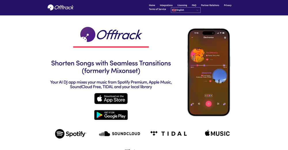 Offtrack - AI DJ App website