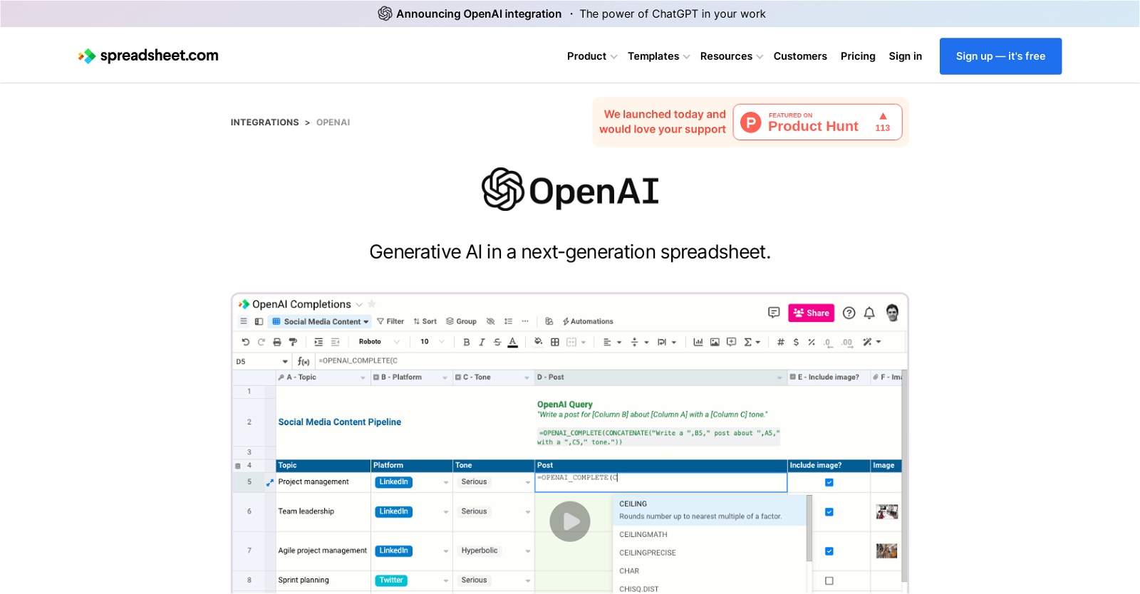 OpenAI in Spreadsheet website