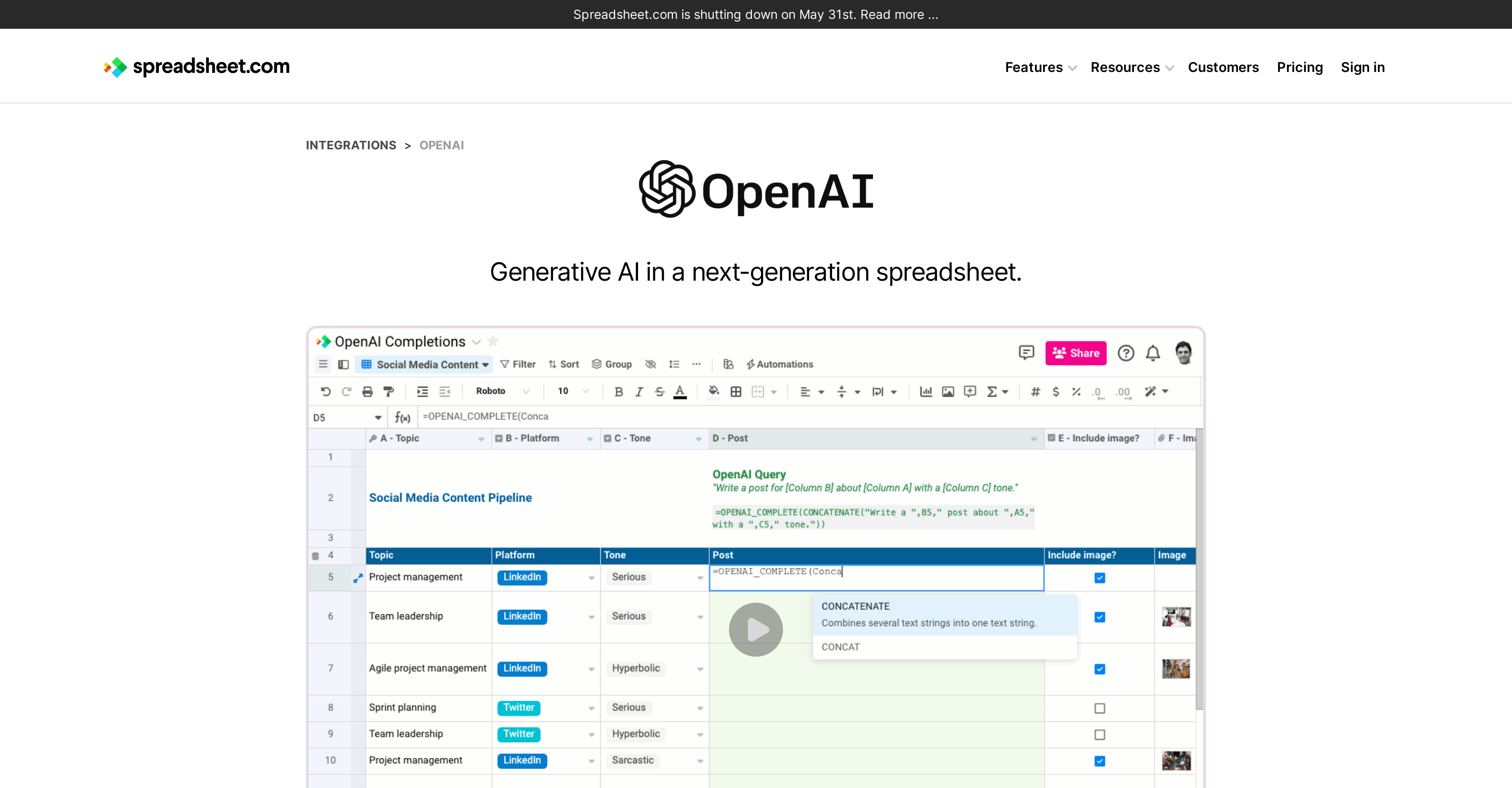 OpenAI in Spreadsheet website