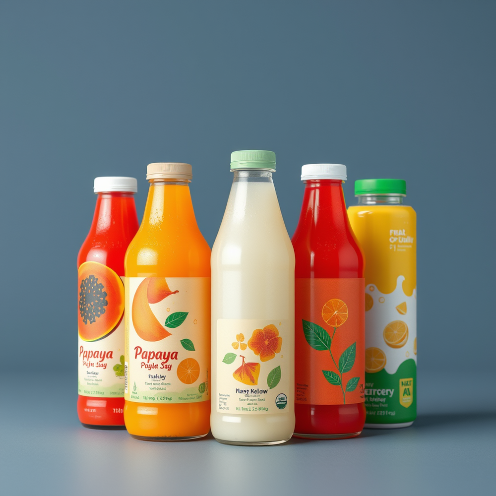 Product and packaging design for Papaya Juice and  Soda and soft drinks and Dairy and plant-based drinks and Other beverages website