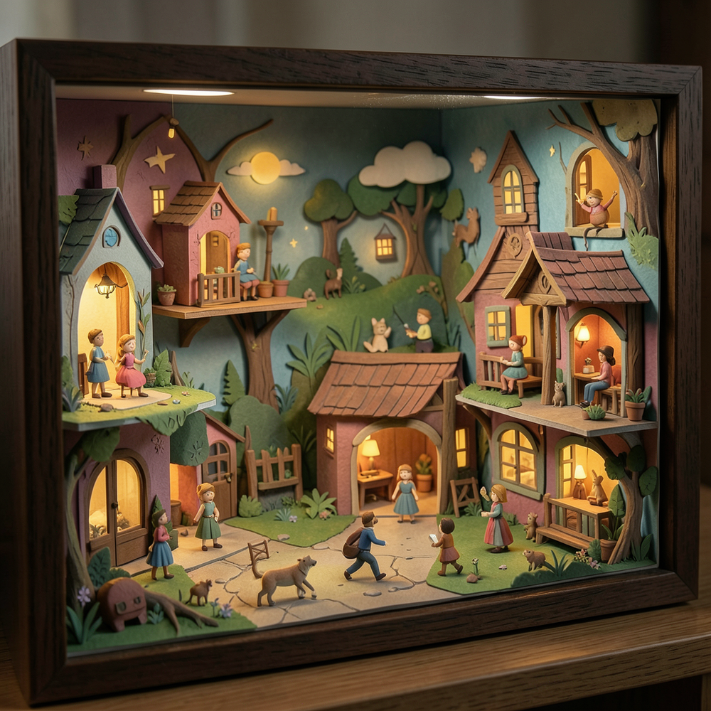 Papercraft Diorama Style Style: Intricate layered paper art, cut-paper textures, shadow box depth, handmade diorama lighting, storybook scene, colorful cardstock aesthetic, whimsical 3D illustration." idea gener website
