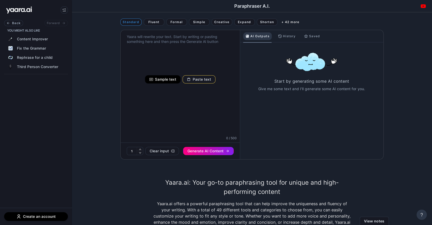Yaara AI Paraphrasing Tool website