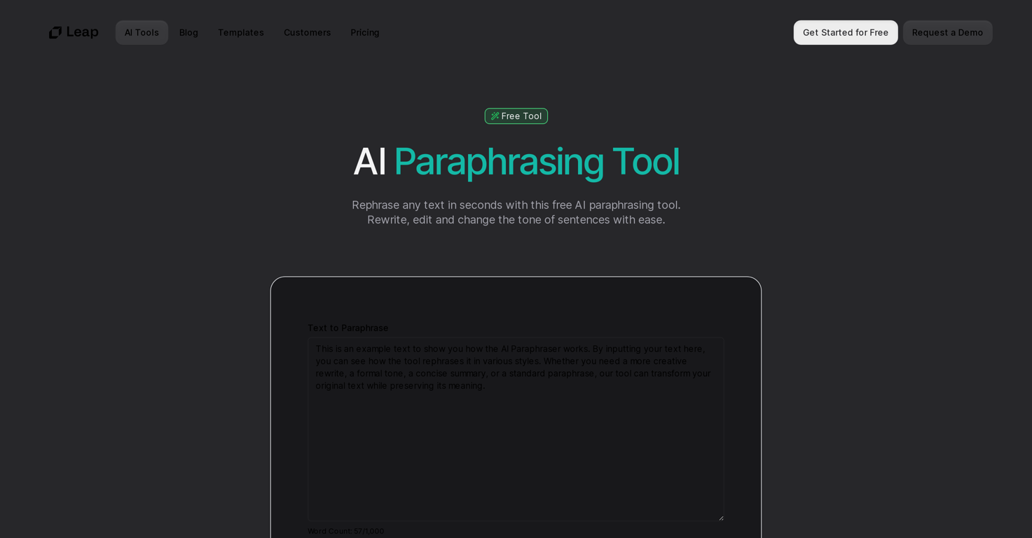 Paraphrasing Tool by Leap website