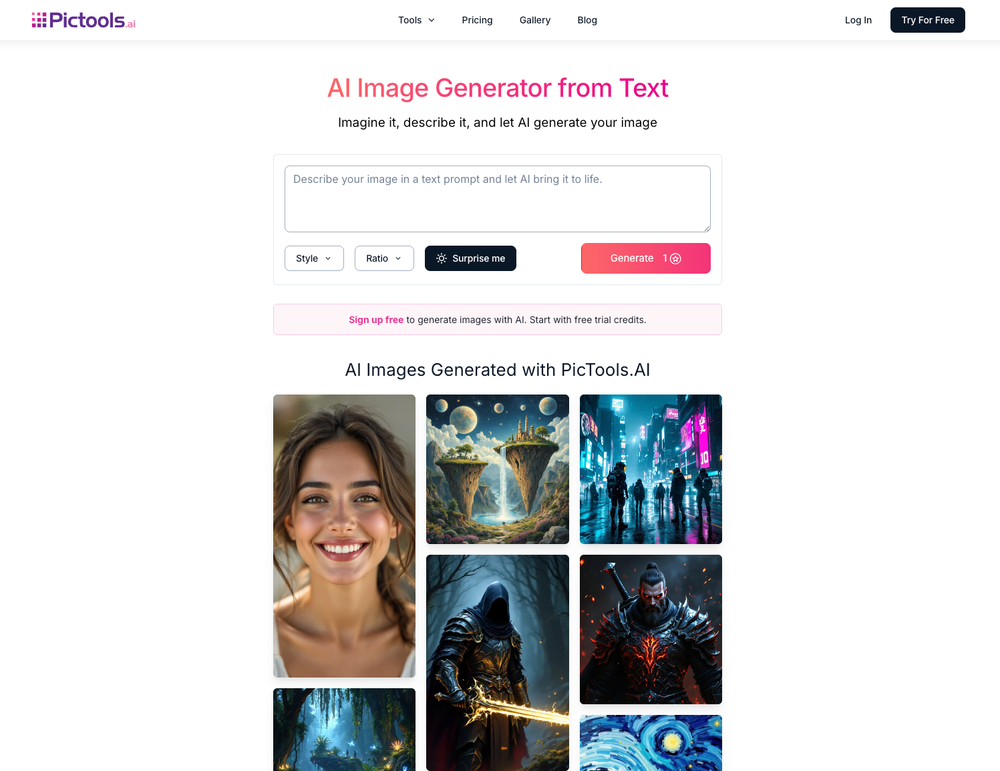 PicTools AI Image Generator website