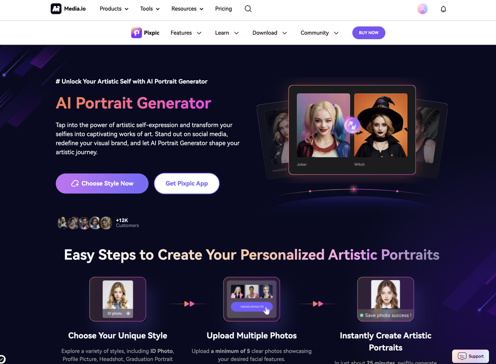 Pixpic AI Portrait Generator website