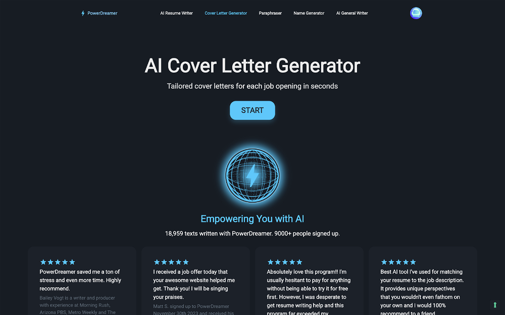 PowerDreamer AI Cover Letter Generator website