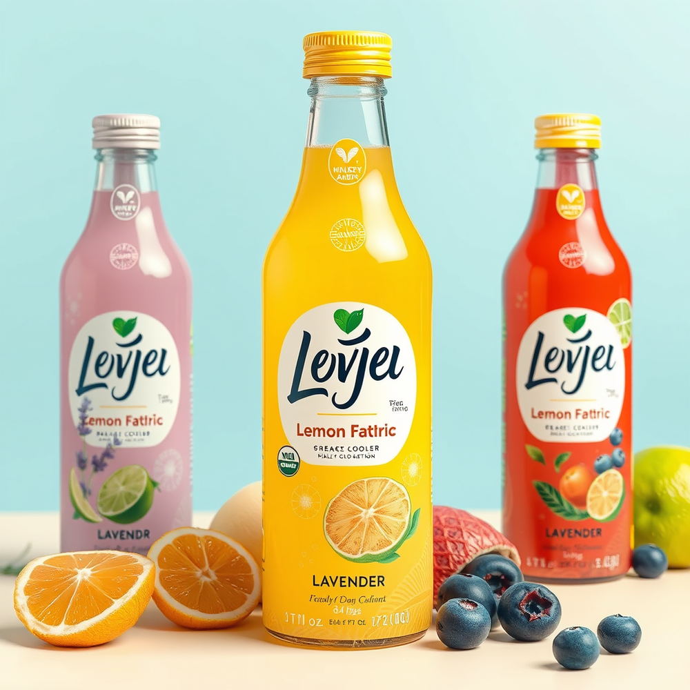 Product and packaging design for all drinkable and edible things with lemon and lavender and lime and blueberry website