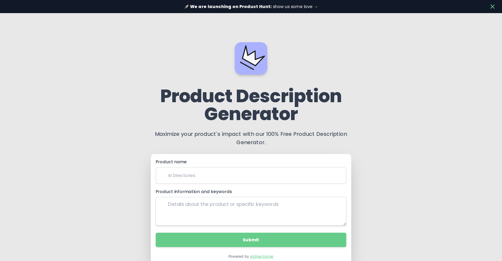 Product Description Generator by AIDirectories website