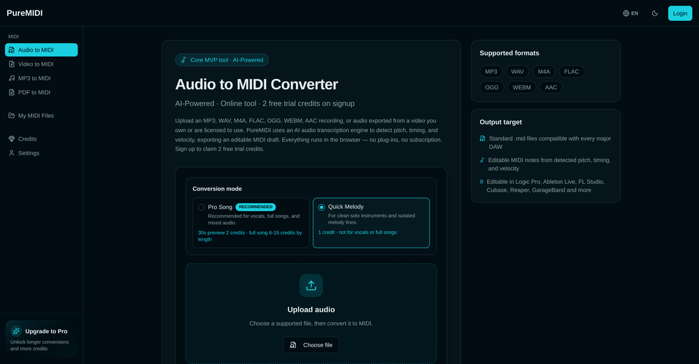 PureMIDI | Audio to MIDI website