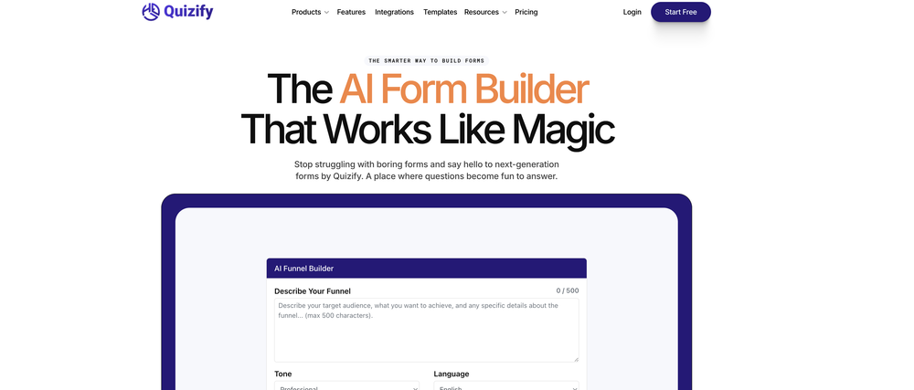 Quizify AI Form Builder website