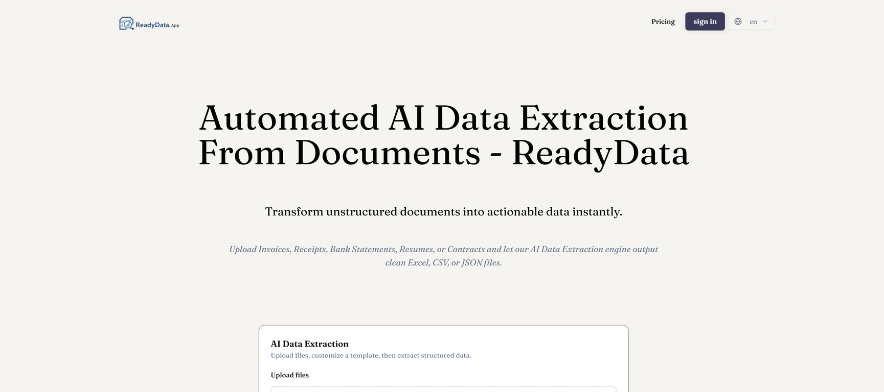 ReadyData - AI Data Extraction website