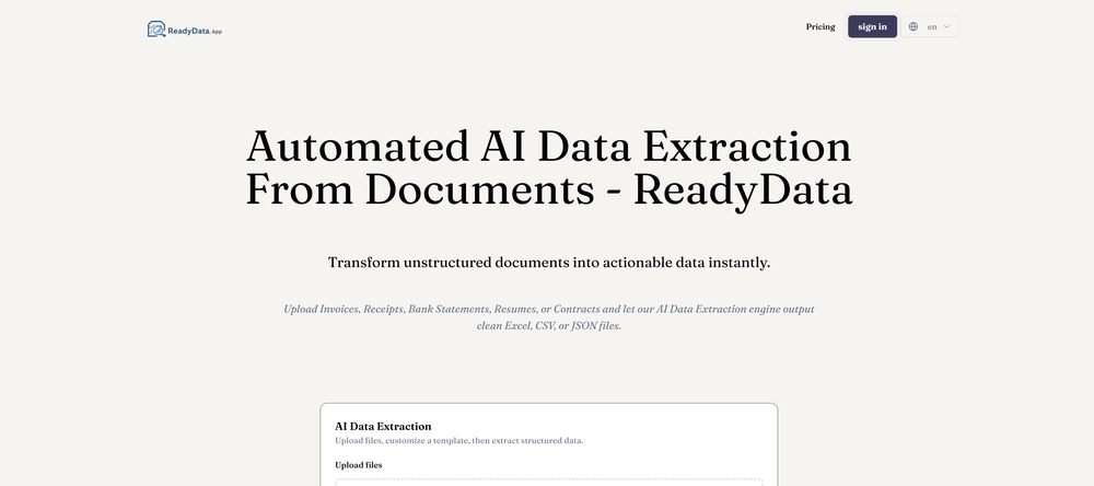 ReadyData - AI Data Extraction website