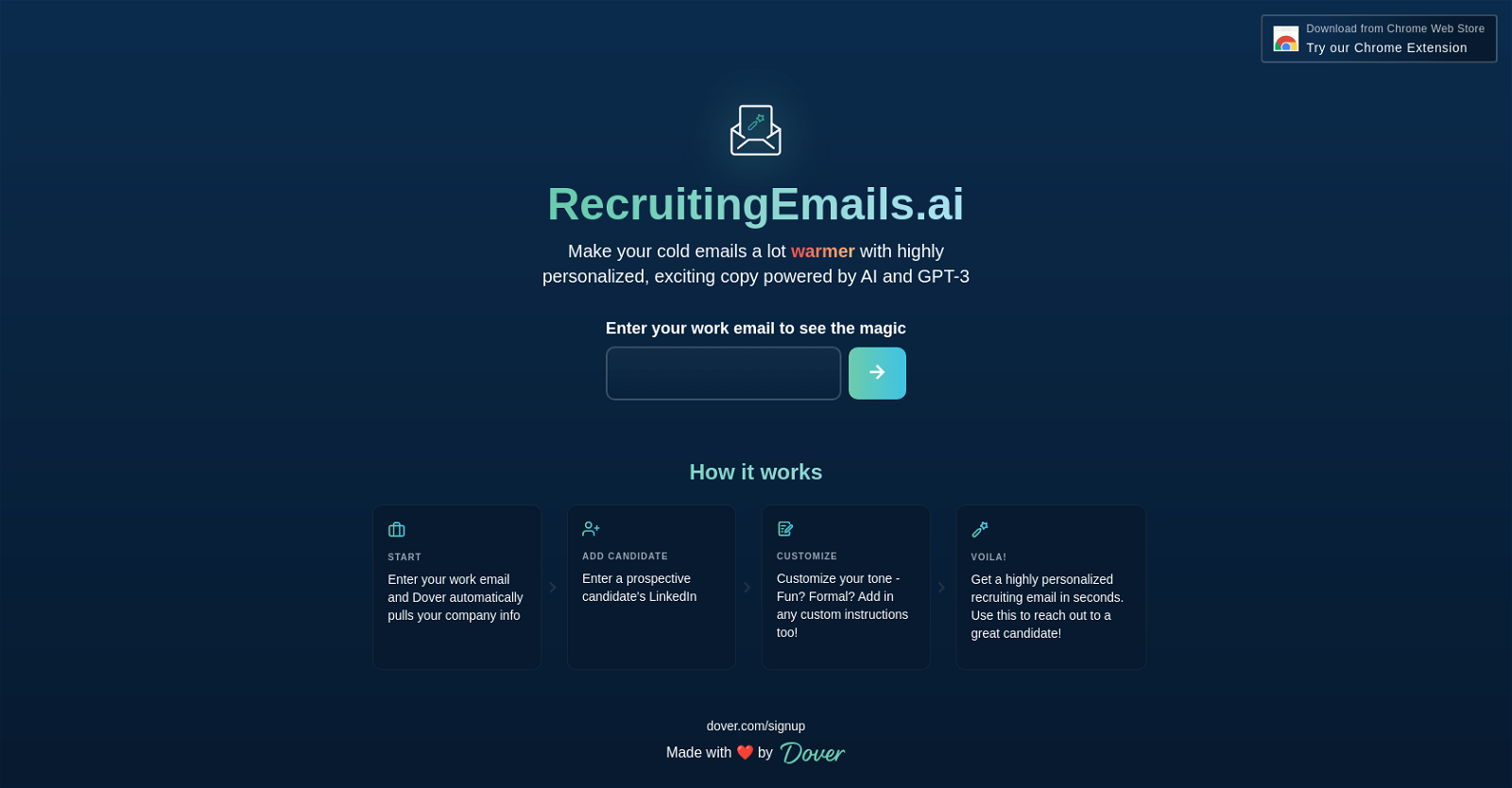 Recruiting Emails AI by Dover website