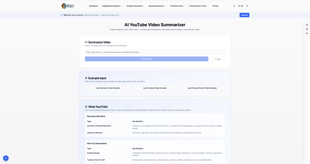 ResearchMonkey AI | YouTube Summarizer website