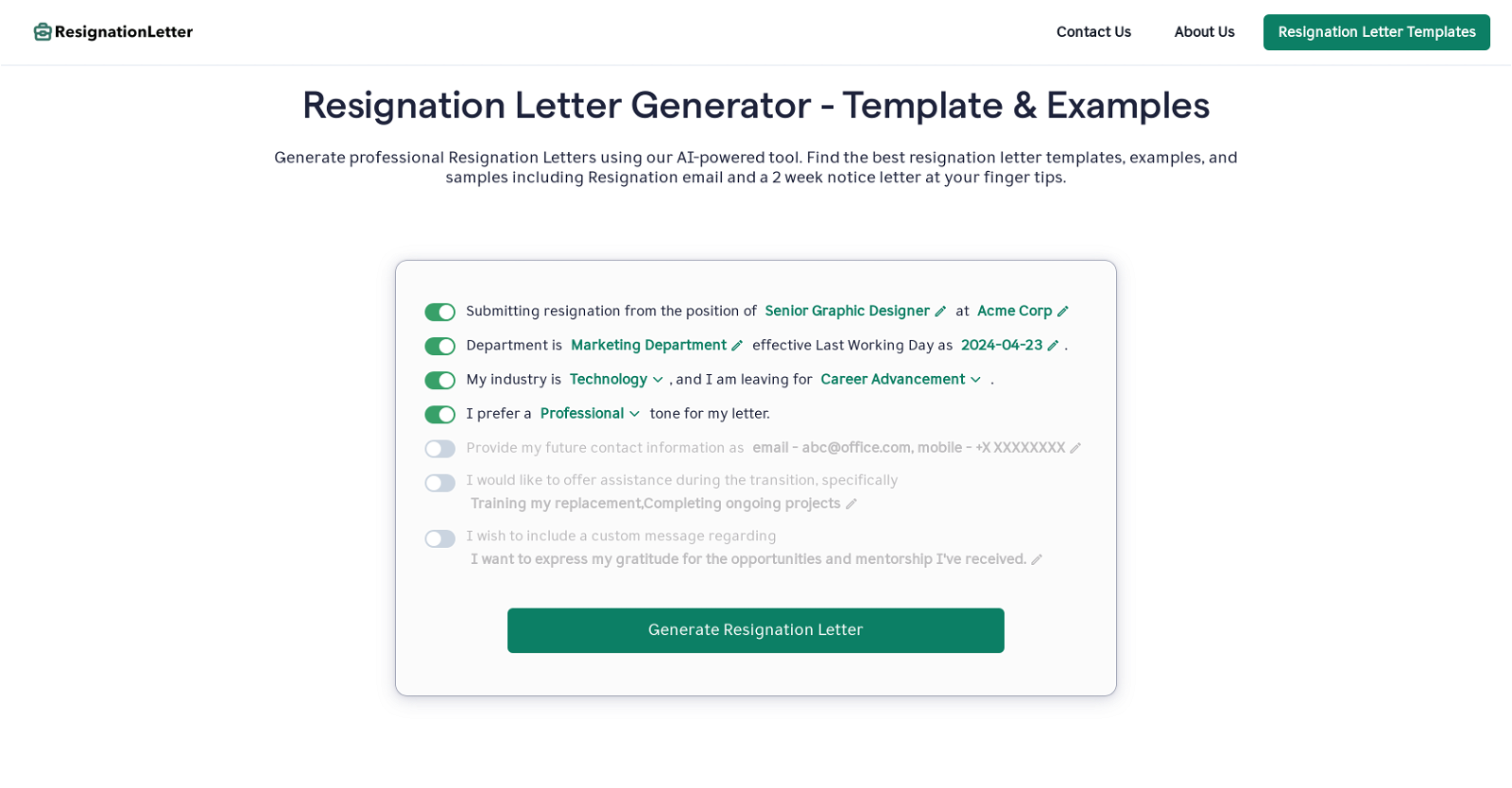 Resignation Letter Generator website