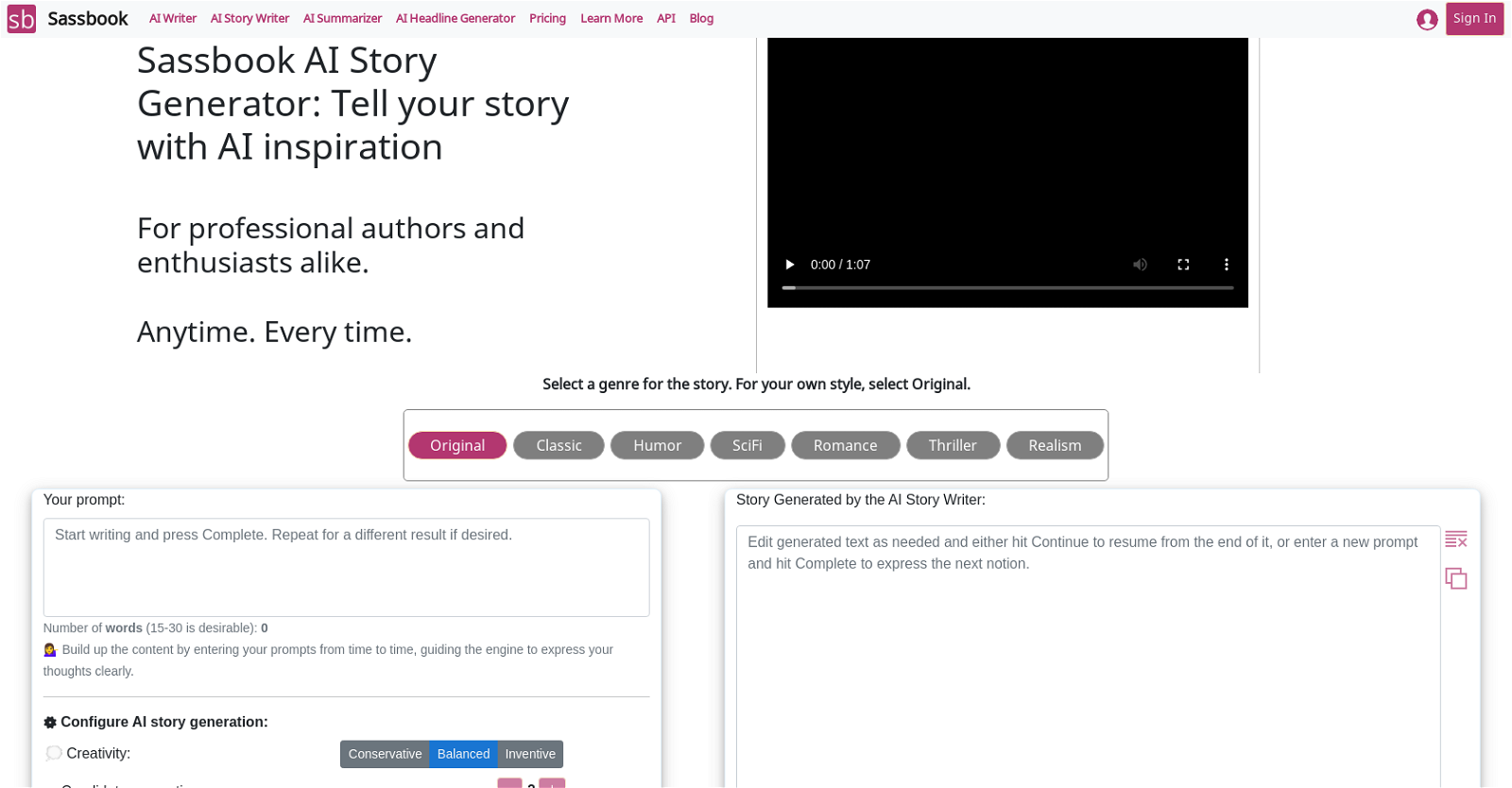 Sassbook AI Story generator website