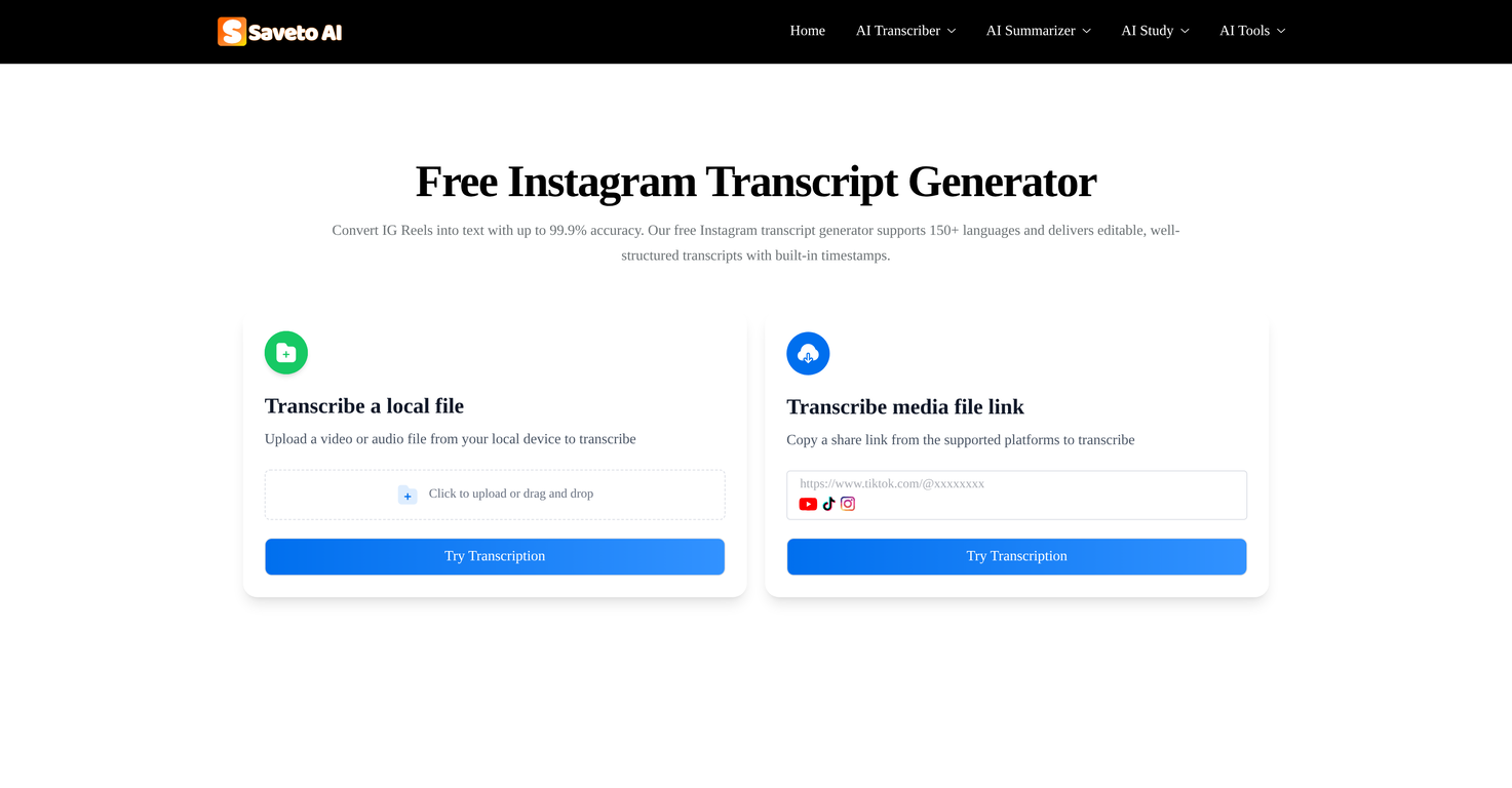 Saveto AI | Instagram Transcript Generator website