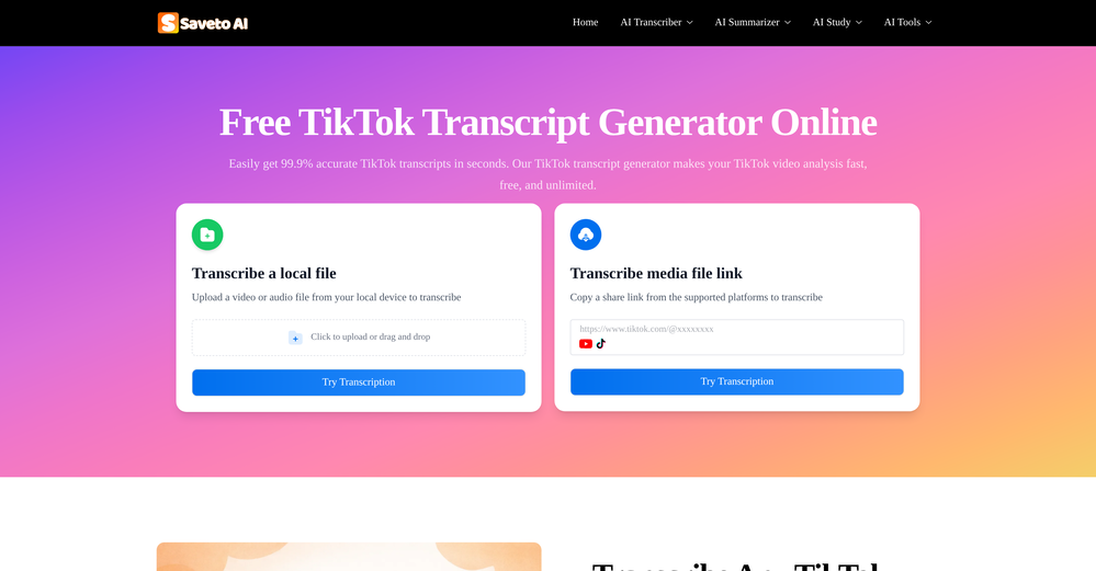 Saveto AI | TikTok Transcript Generator website