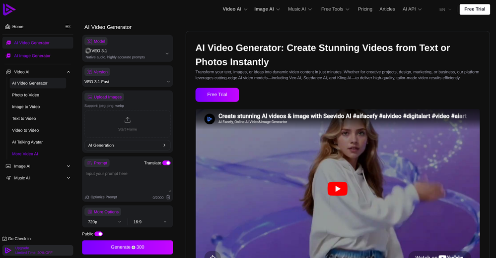 SeeVido | AI Video Generator website