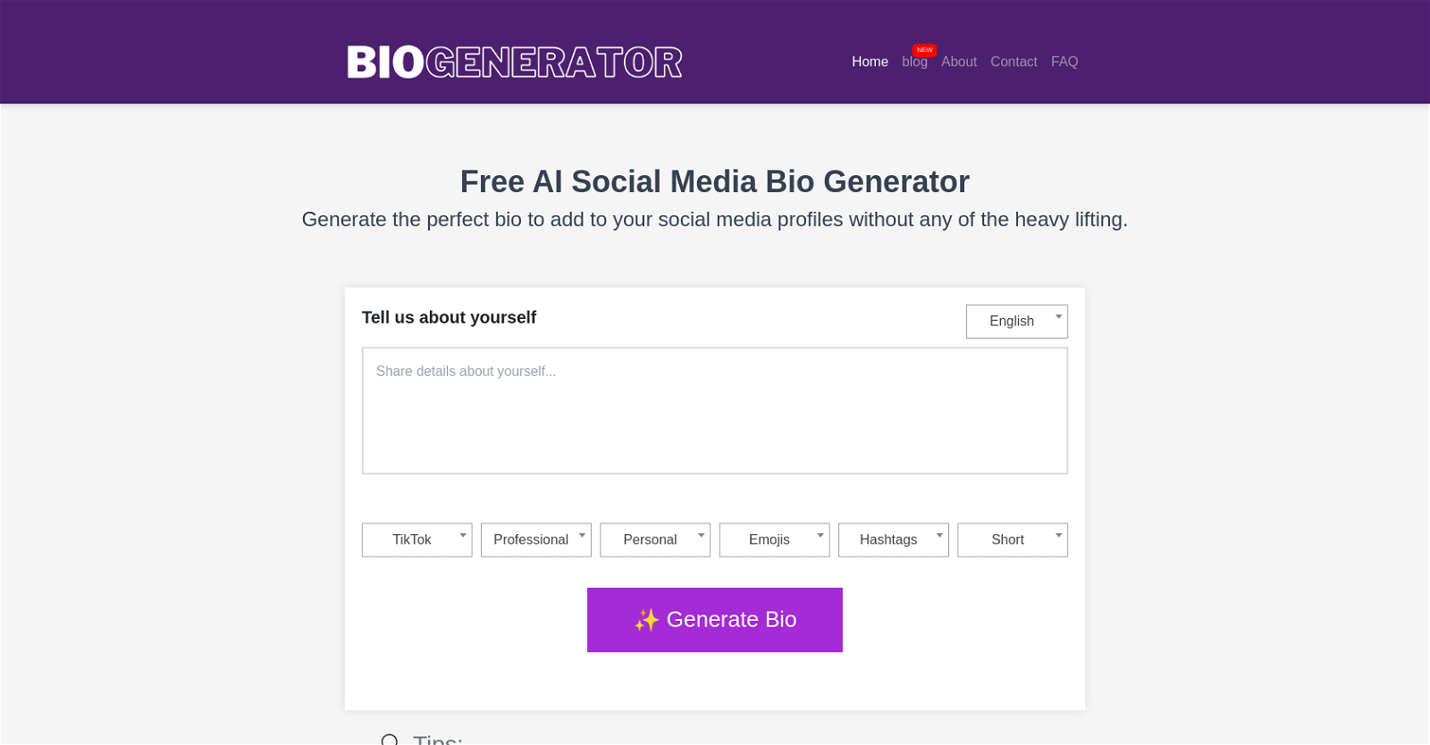 Social Media Bio Generator website