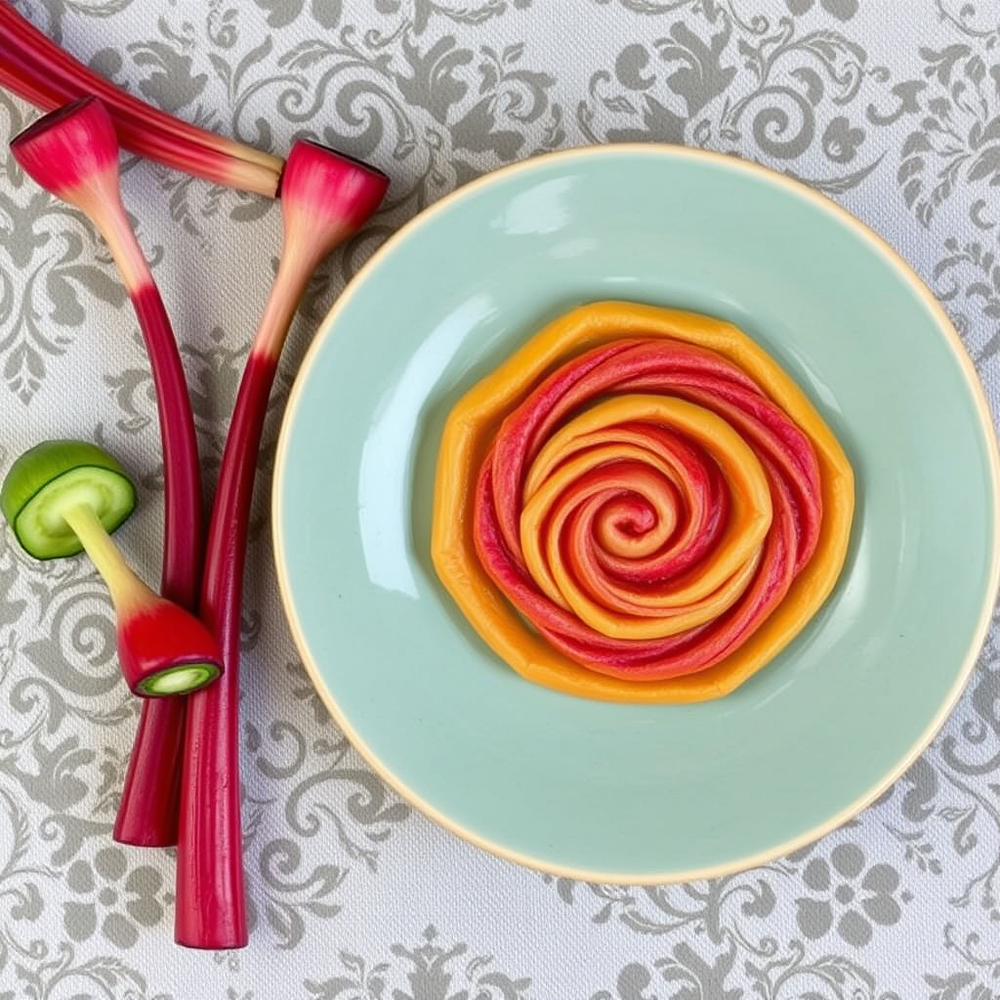 Sourcing springtime ingredients, like wild rhubarb, and design inspiration, incorporating spiral patterns, for rhubarb Jalebi. website