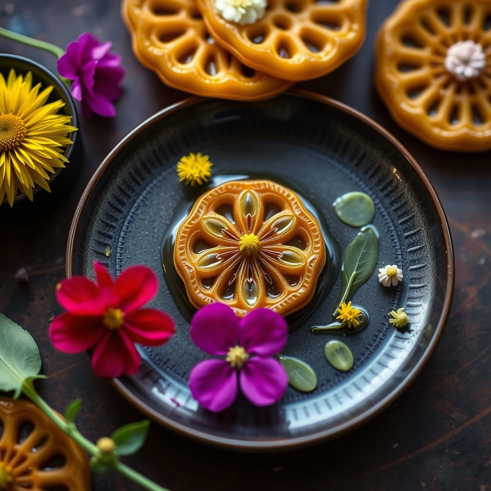Spring foraging  crafting Jalebi with nature's ingredients, such as dandelion syrup, and whimsical designs featuring edible flower accents." website
