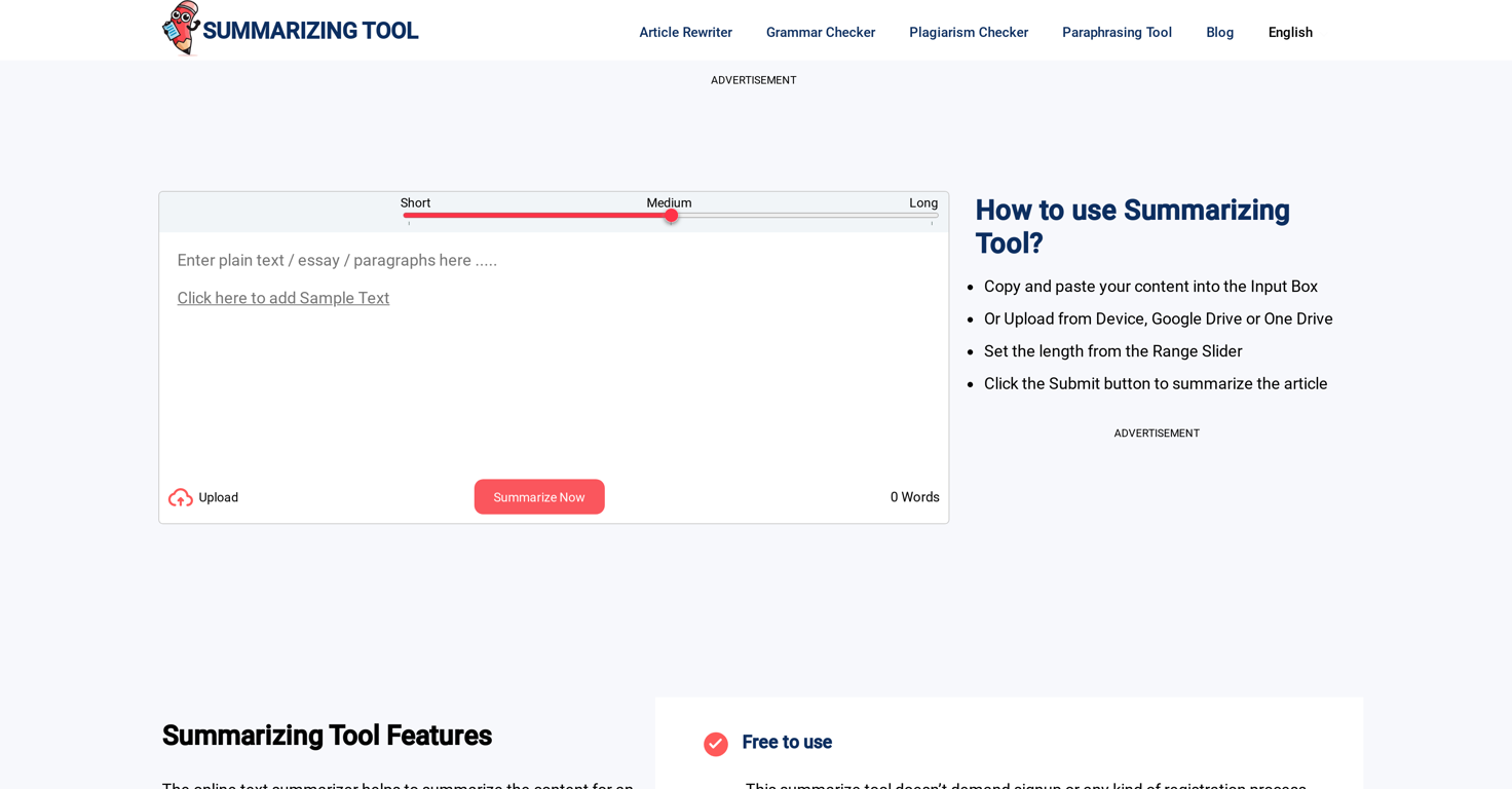 Summarizing Tool website
