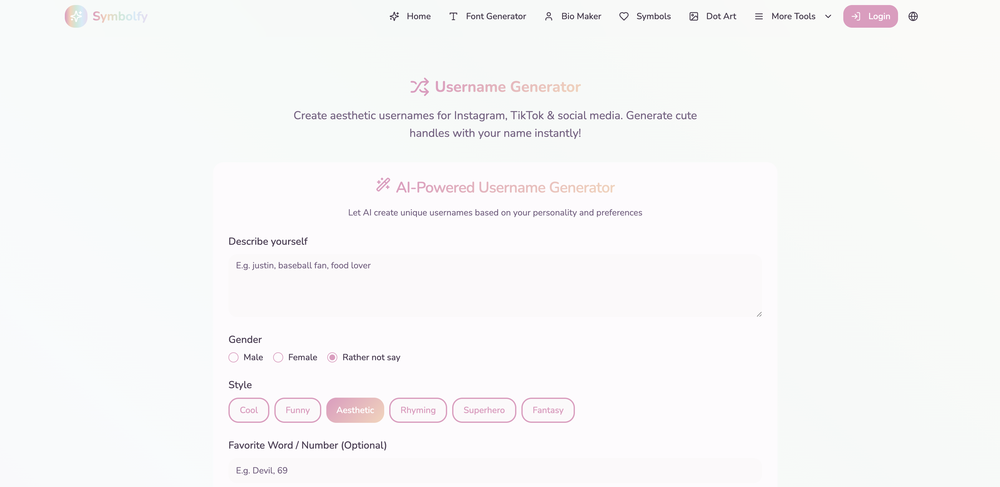 Symbolfy - Username Generator website