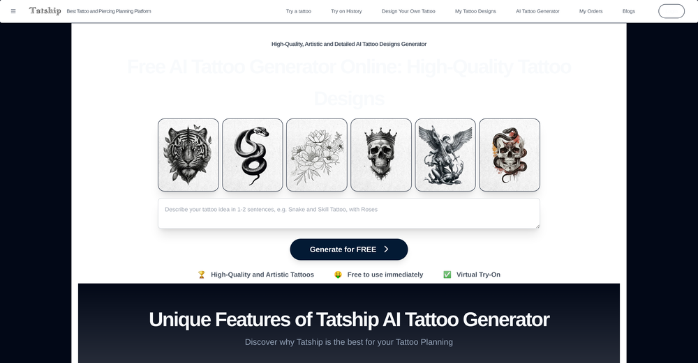 Tatship AI Tattoo Generator website