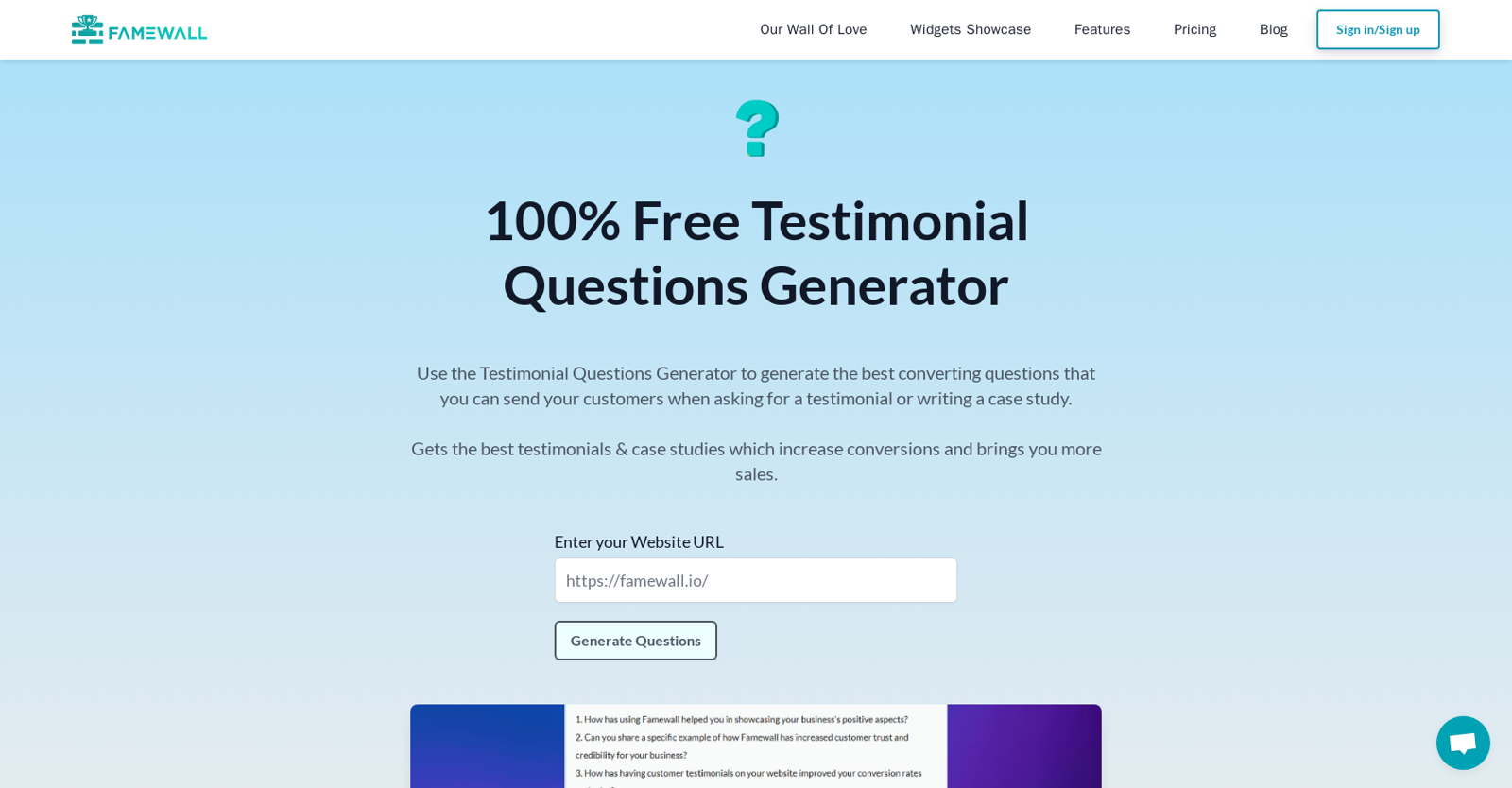 Testimonial Questions Generator website