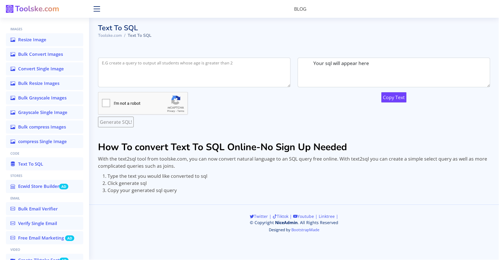 Text2sql by Toolske website