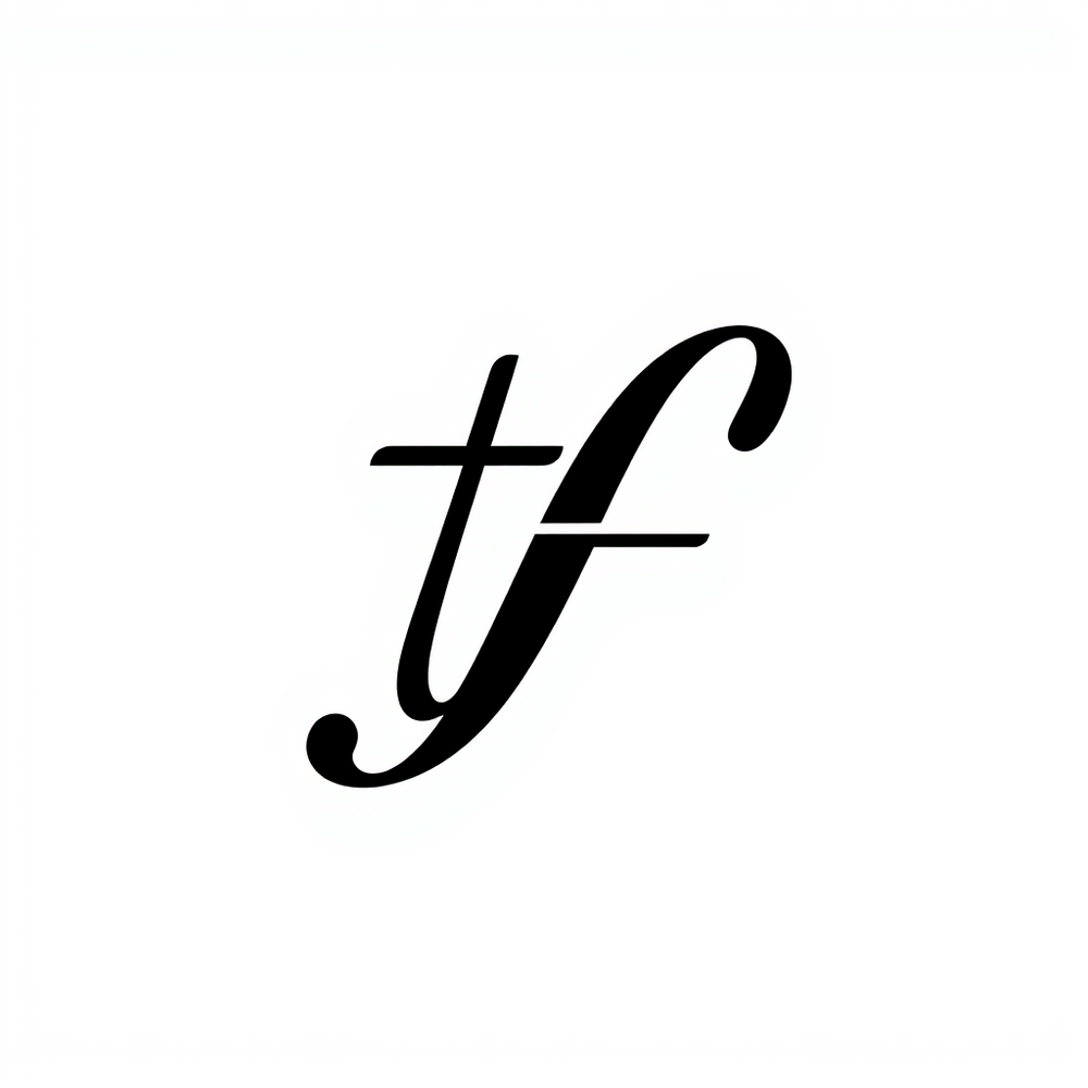 "tf" logo in calligraphy, png, Black and White, minimalistic, sleek website