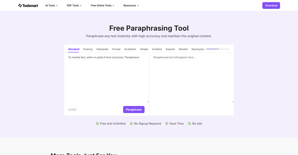ToolSmart Free Paraphrasing Tool website